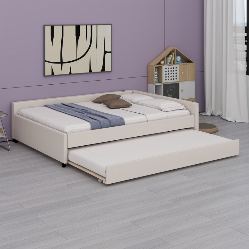 Lit plateforme tapissier avec port USB et gigogne, Double