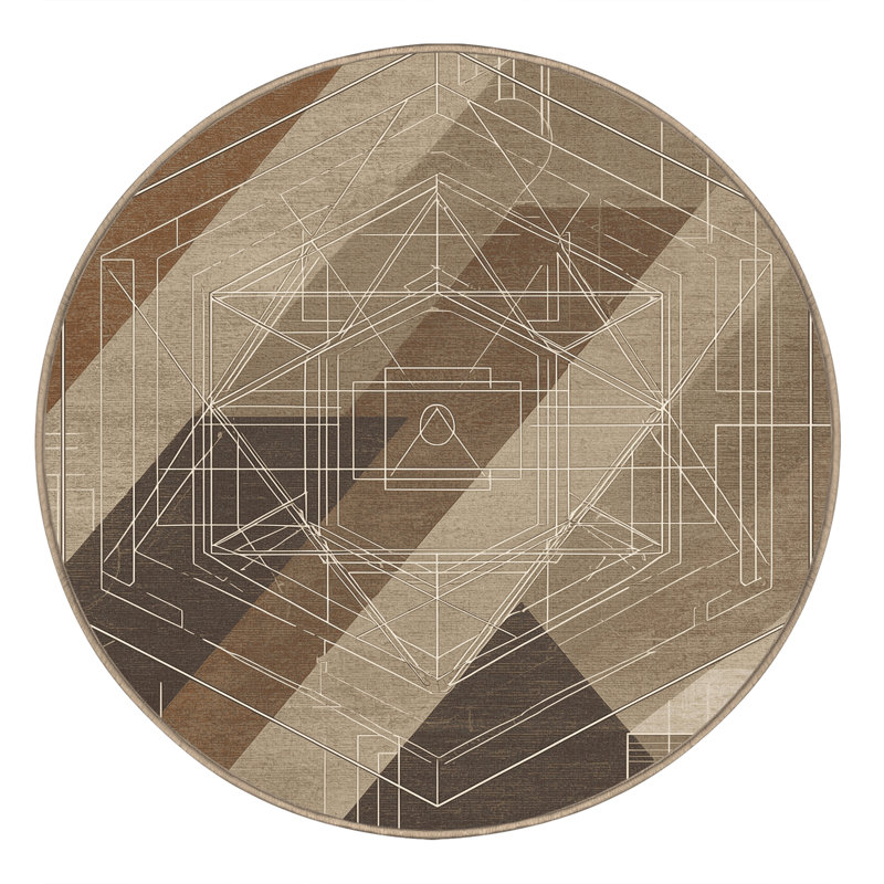 Machine Washable Bemott Global Inspired Geometric Shapes Rug in Gray – Beige Binding, 6' Round
