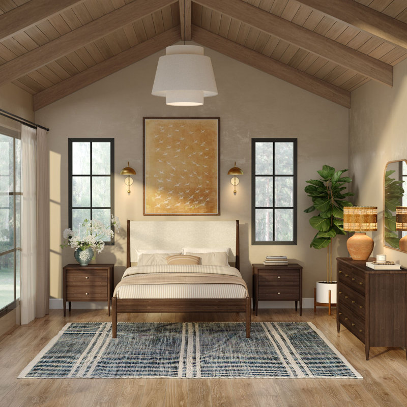 Harbor Full Bed with Upholstered Headboard, Walnut/ Swiss Coffee, Walnut, Full