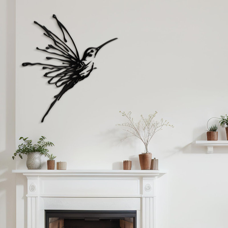 Elegant Flying Humming Bird, Modern Living Room Wall Sculpture, Black Gold Metal Wall Art Home Decor, Black