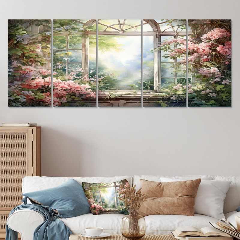 «Pink Blossoming Country Window Gaze II», ensemble de 5 décorations murales pour fenêtre, H 32 po x l 80 po