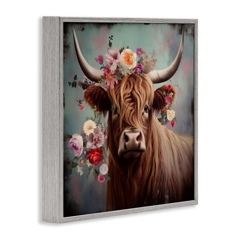 " Cow With Vintage Florals " by Irena Orlov, Farmhouse Grey Framed Giclee, 12" H x 12" W