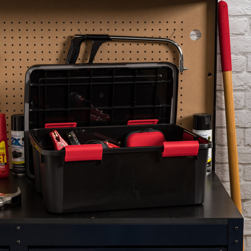 Black and Red Stackable WeatherPro Plastic Storage Bins with Lids, 19.7 in