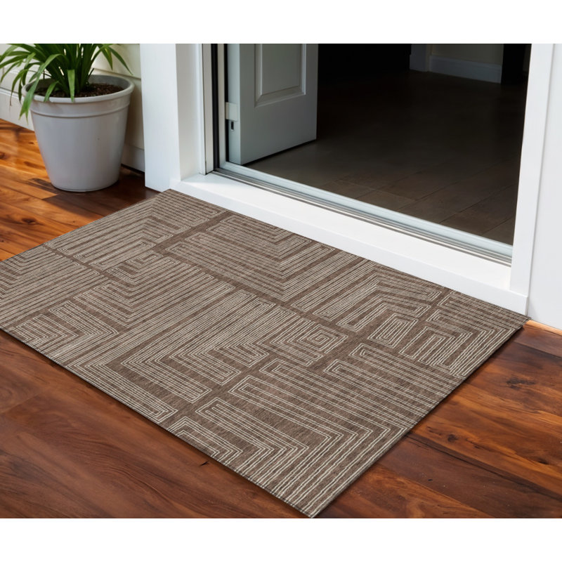 3' X 5' Brown And Ivory Geometric Washable Indoor Outdoor Area Rug