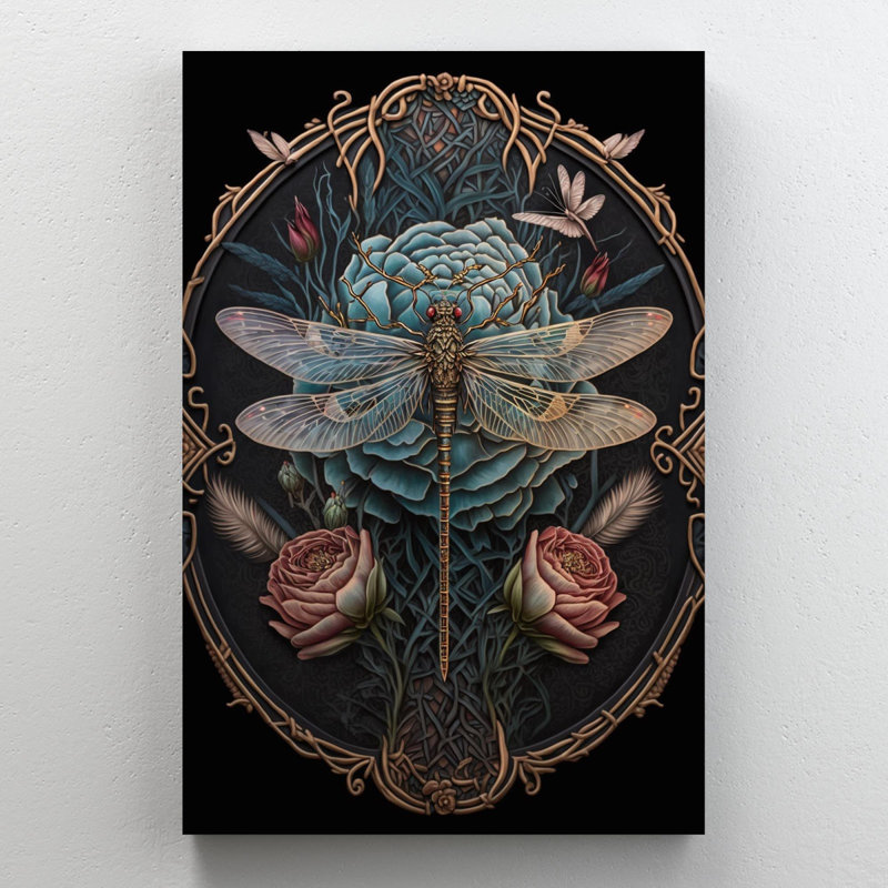 Roses et libellule - impression sur toile tendue, H 14 po x L 11 po x l 1,25 po
