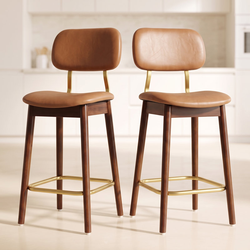 Ensemble de 2 tabourets de bar de 66 cm (26 po) de hauteur comptoir, tabourets de cuisine modernes en bois massif avec dossier, style milieu du siècle, revêtement en similicuir brun