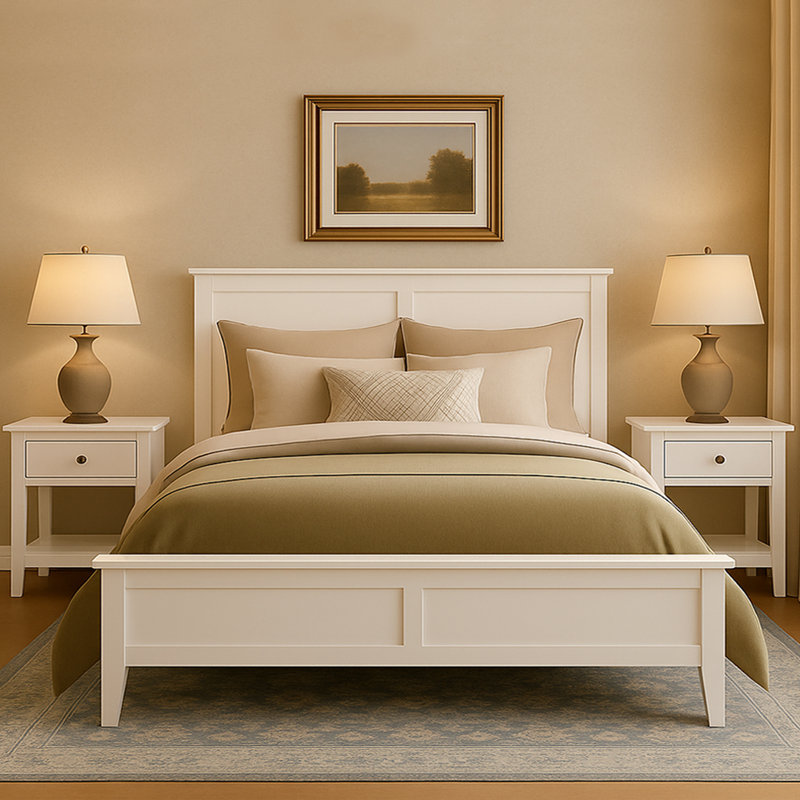 Modern Solid Wood Platform Bed with Slat Support, White, Queen