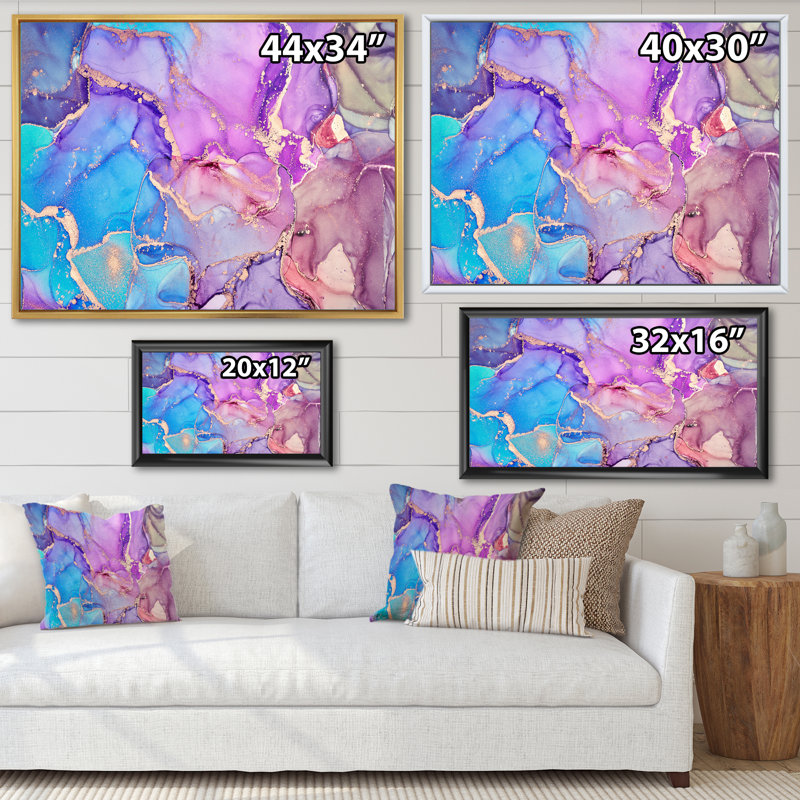 «Mauve et bleu», art liquide VI, reproduction sur toile, Cadre flottant blanc, H 24 po x l 32 po