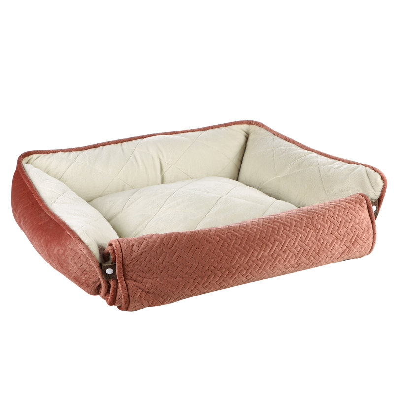 Quilted Luxurious Pet Bed with Cosy Roll Out Blanket , Coral