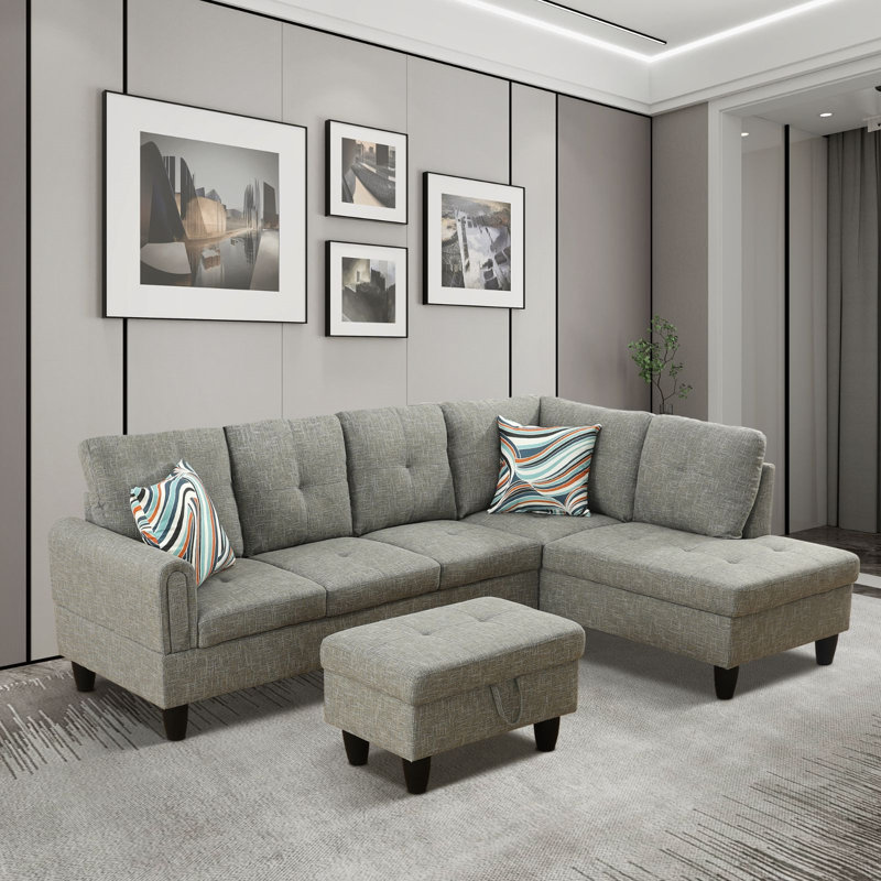 Canapé modulaire en L avec repose-pieds 3 pièces Straton, Orienté à droite, Velours gris moyen
