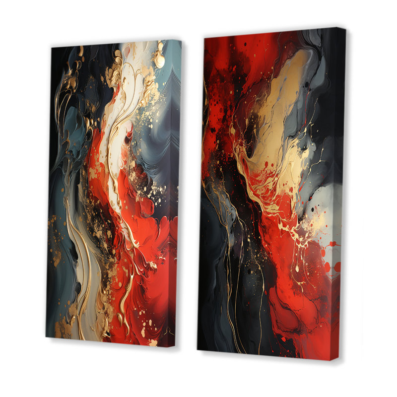 Rouge et or feu de marbre IV - ensemble de 2 reproductions d'art sur toile, Toile tendue, H 28 po x l 25 po