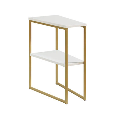 Wedge Shape Chairside Table End Table Snack Table Side Table One Shelf Metal Frame For Between Two Arm Chairs White Table Faux Gold Metal Legs Side Table