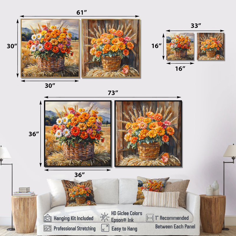 Ensemble de 2 bouquets luisants Country Harvest - Art mural traditionnel pour le salon, 36" H x 73" W, Cadre flottant, Silver