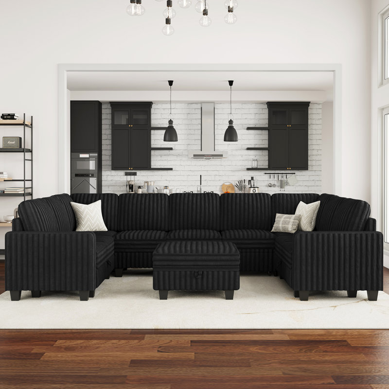Canapé-lit modulaire en U en fausse fourrure avec rangement, Similifourrure noire