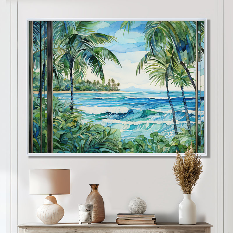 Tranquillité de plage tropicale - art mural côtier, H 12 po x l 20 po x P 1 po, Cadre flottant blanc