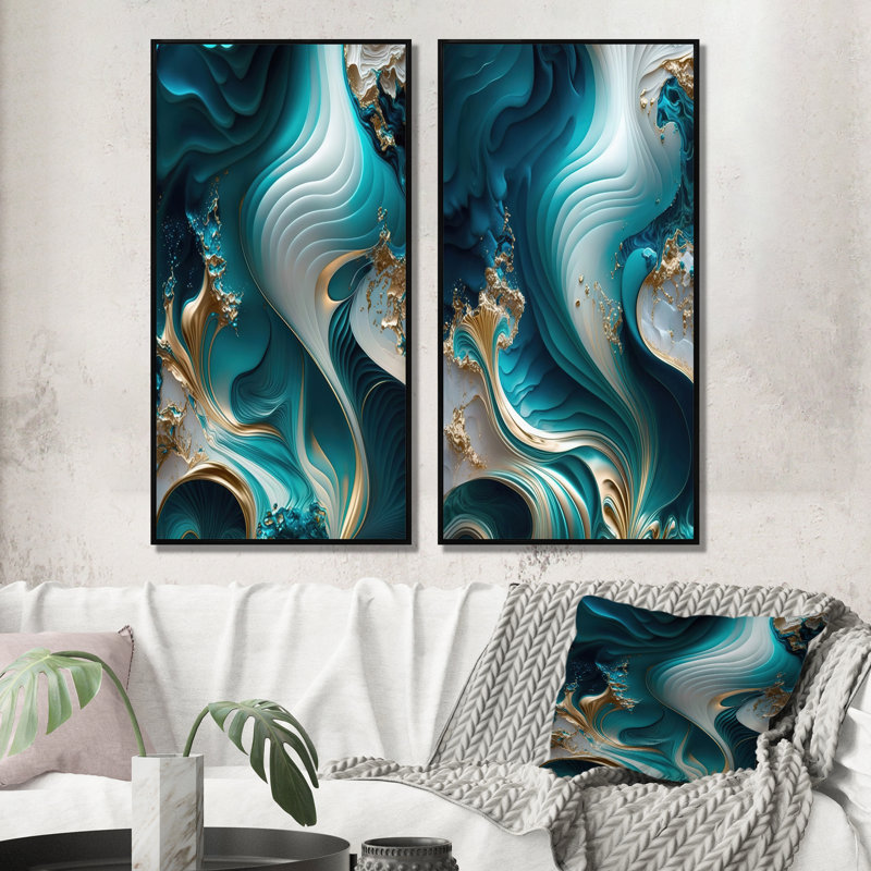 Géode abstraite turquoise II - ensemble d'art mural abstrait en marbre 2 pièces, H 32 po x l 32 po, Cadre noir