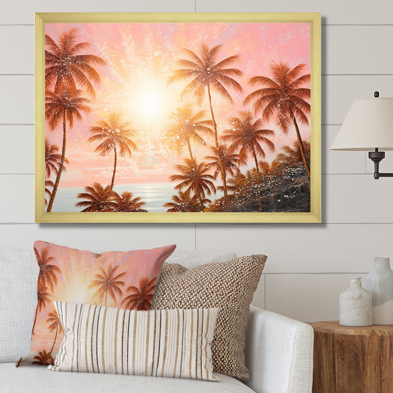 «Rose Radiance Sunset Palm Trees III», reproduction sur toile, Encadrement doré, H 30 po x l 40 po x P 1,5 po