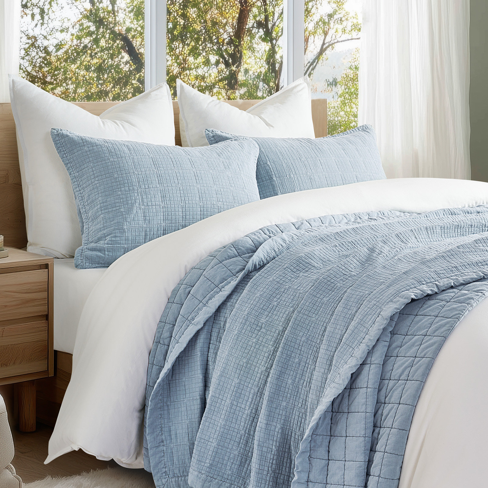 Crinkle Cotton Quilt Set, Blue Linen, King Quilt + 2 King Shams