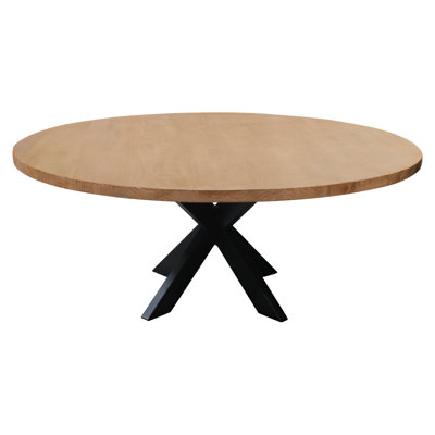  60" Natural And Black Rounded Solid Wood And Iron Pedestal Base Dining Table