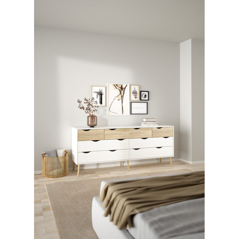 Justus 8 Drawer 77.05" W Double Dresser, Oak/White