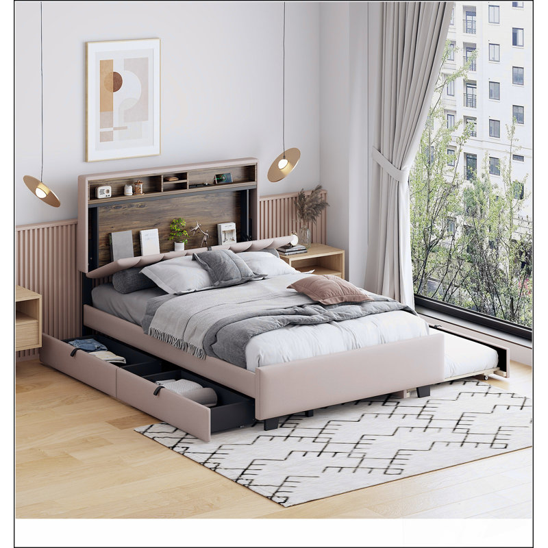Lit plateforme tapissier avec tête de lit de rangement, lit gigogne simple, tiroirs et charge pour les chambres à coucher modernes