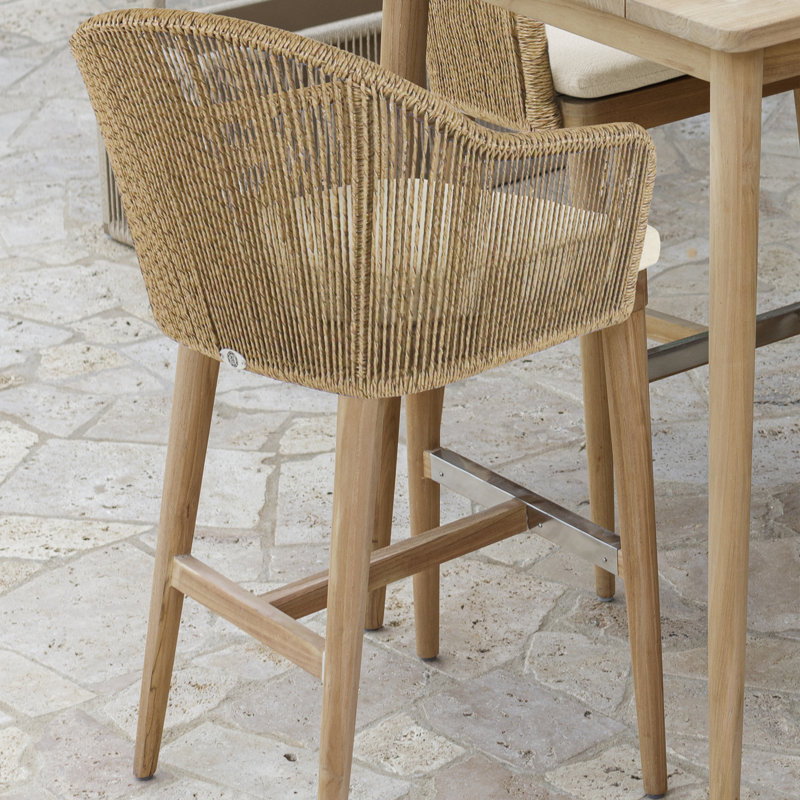 Calixto Outdoor Teak Bar Stool, Canvas Natural Sunbrella® Canvas