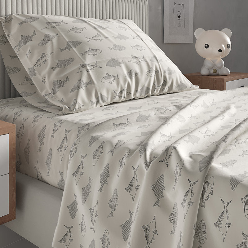 Twin Gray Fish Print Microfiber Deep Pocket Sheet Set