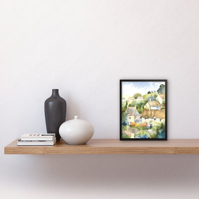 Thatched Roof Cottage House Village in Soft Pastel Colours 1 Piece Single Picture Frame Wall Art