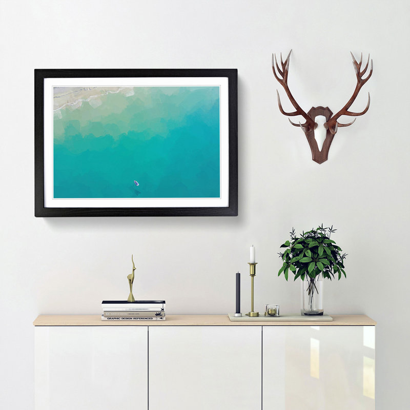 Boat in the Ocean in New Zealand in Abstract - Picture Frame Painting Print, 62cm H x 87cm W x 2cm D, Black Framed