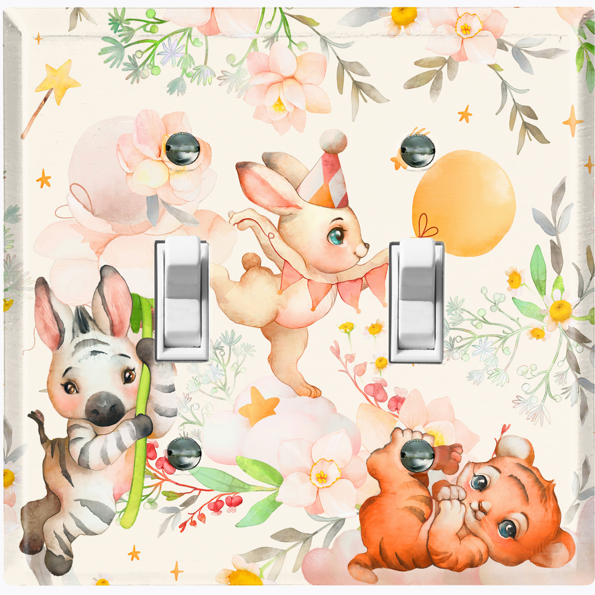 WorldAcc Cute Nursery Tiger Bunny Flowers 2-Gang Toggle Light Switch ...