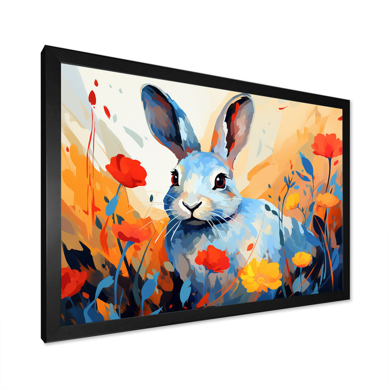 «Blue Rabbit Flower Meadows - Lapin», art mural, Cadre d'angle fermé noir, H 12 po x l 20 po x P 1 po