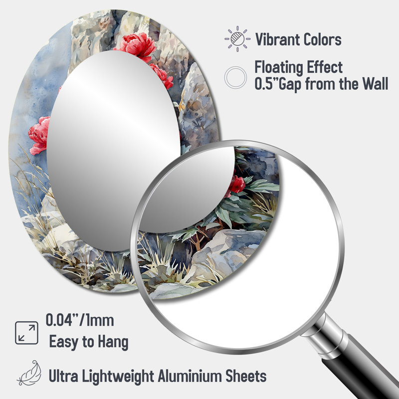 Pe pivoines par The Rocky Outcrop II - grand miroir mural ovale sur métal, 40 po x 30 po