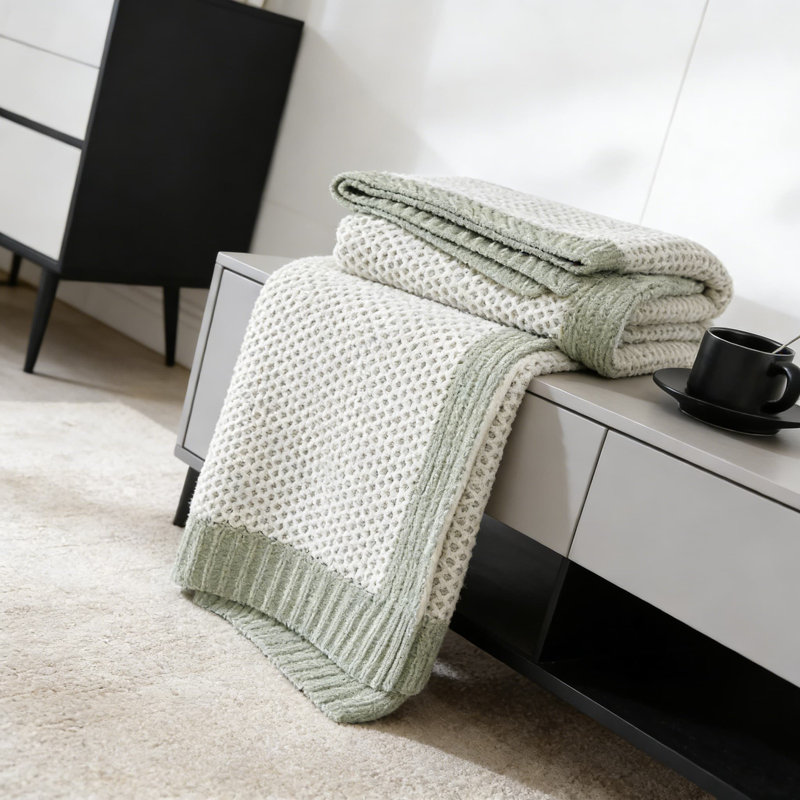 Jeté en chenille Honeycomb Knit, Rayures vertes