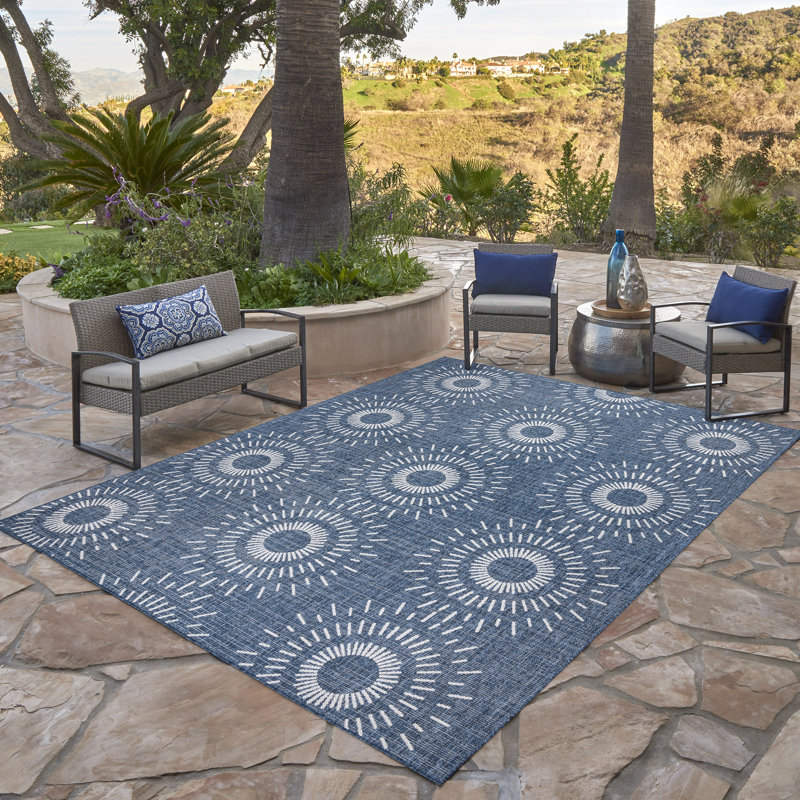 Paseo Tiaret All-Weather Flatweave Indoor/Outdoor Area Rug, Navy Blue Cream Tribal Sunburst – Patio, Deck, Porch & Poolside