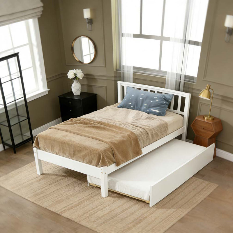 Lit simple avec lit gigogne, cadre de lit plateforme avec tête et pied de lit, Blanc