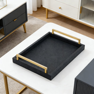 Faux Leather Serving Tray With Brushed Gold Handles - Decorative Ottoman & Coffee Table Tray For Living Room, Kitchen, Or Bathroom