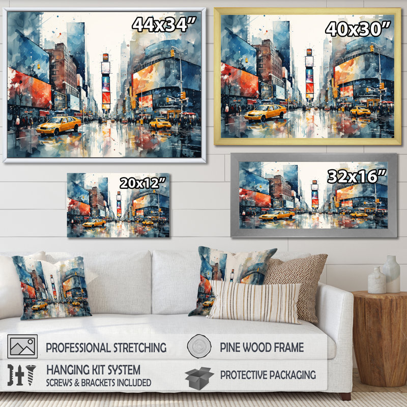 Times Square New York Cityscape III - Art mural de la ville de New York, H 24 po x l 32 po x P 1 po, Cadre flottant noir