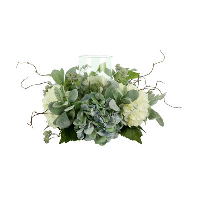 Candleholder Centerpiece with Hydrangeas, Lamb's Ear and Berries