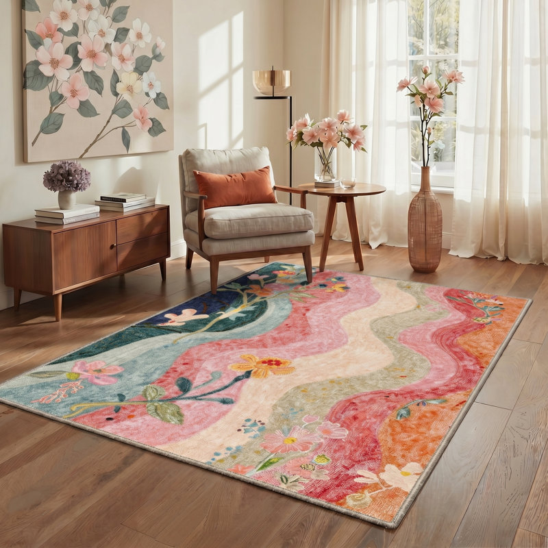 Tapis d'intérieur beige / rose / vert / bleu lavable à la machine avec envers antidérapant Verdalia, Rectangle 8' x 10'