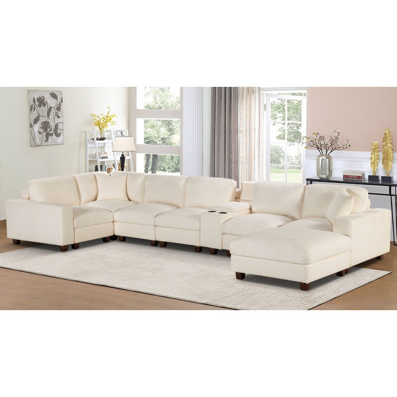 Norfleet 139" L-Shape Modular Chenille Sectional Sofa With Ottoman And Console, 36" H x 139" W x 101" D, Beige 