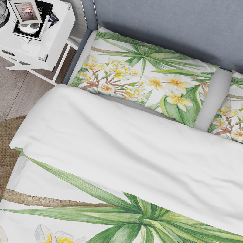 Feuillage tropical et fleurs jaunes I - Ensemble de housse de couette moderne - Microfibre de polyester