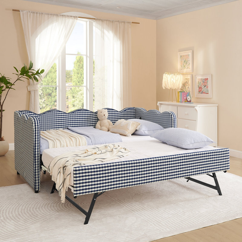 Cozy Gingham Daybed With Trundle Twin Size Sofa Bed No Box Spring Needed, With USB Port And Adorable Wave Shaped, Linen Fabric, Navy