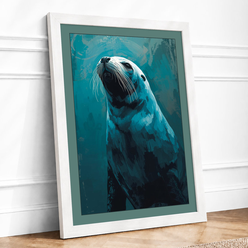 Seal in Teal Waters Coastal - Framed Print, A3 - 42.0 x 29.7 cm, White