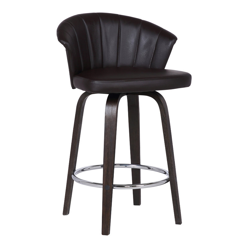 Vandt Swivel Counter or Bar Height Bar Stool with Chrome Footrest in Brown Faux Leather and Plywood