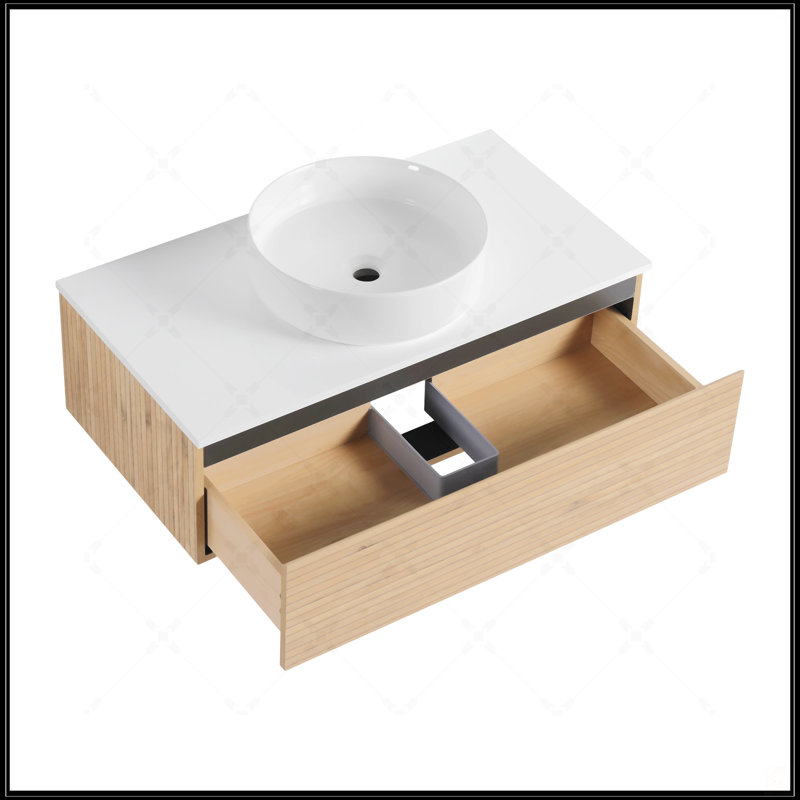 Meuble-lavabo mural 36 po avec lavabo en céramique et tiroir à fermeture en douceur, design élégant et écologique