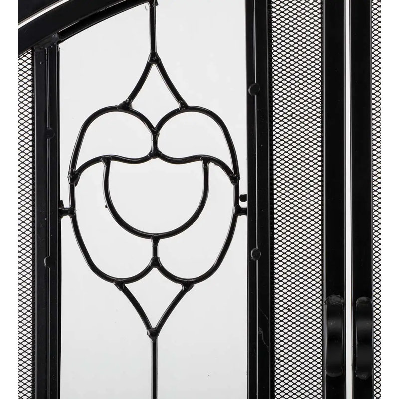 Two-Door Fireplace Screen with Tempered Glass Floral Panels