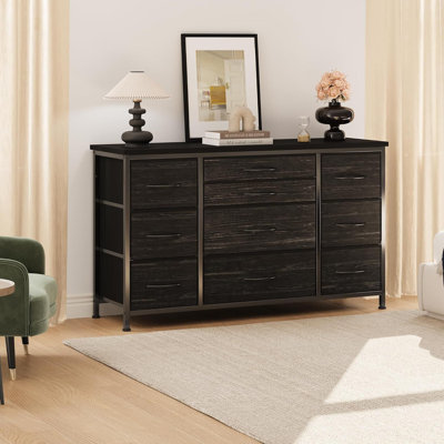 Meuble télé 10 tiroirs pour téléviseur 55 po, commode en tissu 47 po avec prises de courant, grande structure de divertissement en acier pour le salon, placard, vestibule, noir