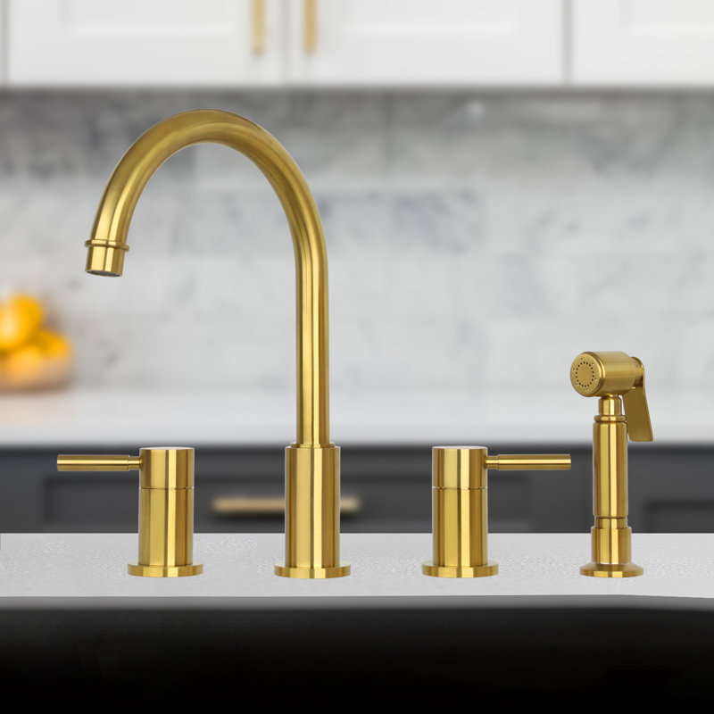 Brushed Gold Brass Double Handle Kitchen Faucet with Pull-out Spray