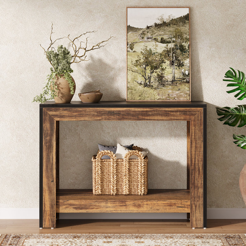 41.3" Farmhouse Console Table with 2 Tier Storage Shelves, Wooden Sofa Table for Living Room, Dark Brown