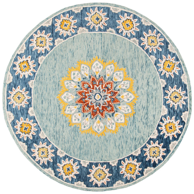 Jahiem Oriental Handmade Tufted Wool Blue/Green Area Rug, Round 6'